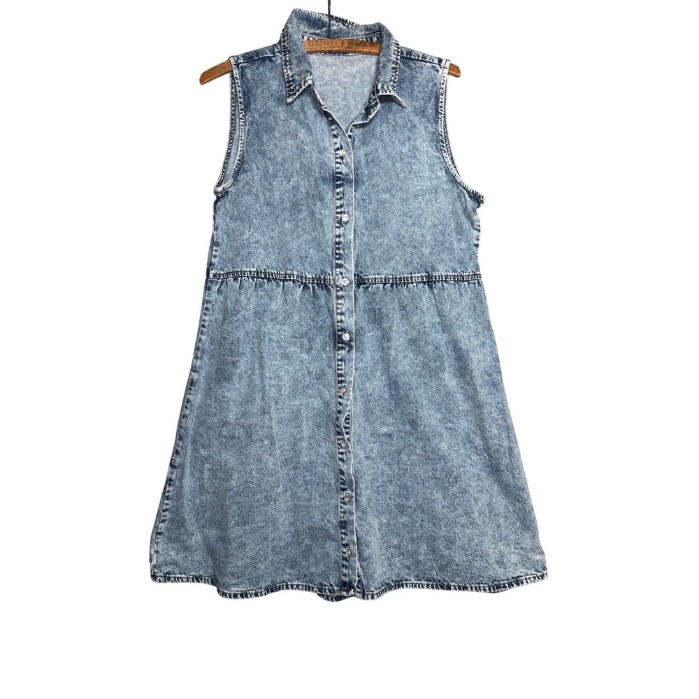 Acid Wash Denim Mini Dress M Sleeveless Button Front Tiered Back Festival Rodeo
